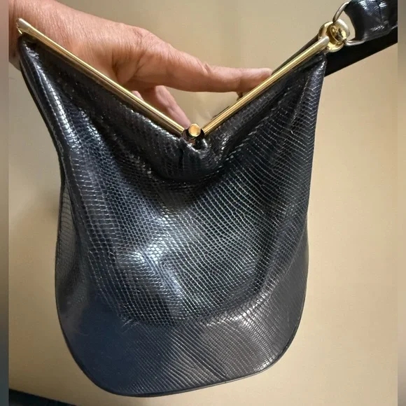 Vintage, 50’s, 60s, black, lizard skin bag, rockabilly, handbag. - Picture 4 of 11